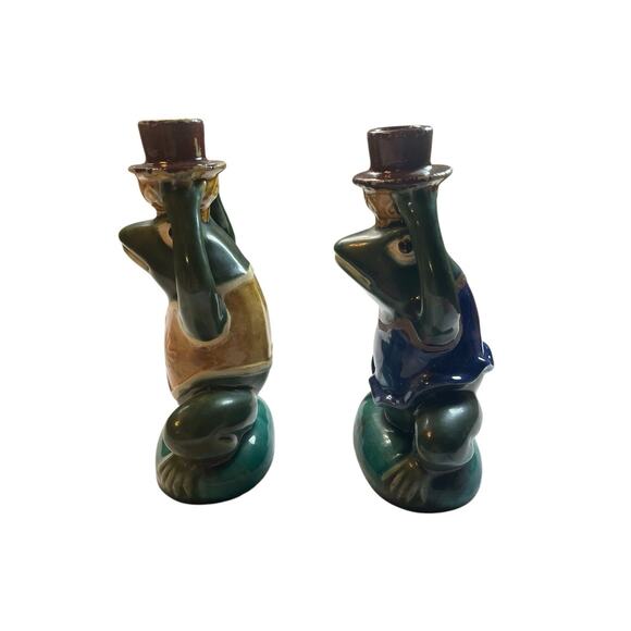 Frog Ceramic Candle Stick Figurines Set 2 Boy Girl Glazed Vintage - Picture 5 of 11
